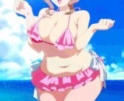 LF Color Source: 1girl, chubby, fat, big breast, breast fondling, breast play, dancing, brown hair, swimsuit, bikini, pink bikini, frilled bikini, frilled swimsuit, pink swimsuit, beach, water, ocean, ocean background from anime big breast video
