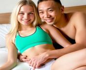 Asian Man preparing his blonde fitness instructor for exercises in bed, but first thing to do is peeling off her clothes. Things will get all hot and very wet soon. from monmon all hot
