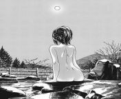 LF Mono Source: 1girl, black hair, from behind, moon, night sky, nude, onsen/hot spring/hotspring, outdoors, rocks, sitting, towel, trees, updo, water from moon night snap
