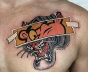 Fresh Pink Panther/ Tiger on the chest by Manh Huynh at Freedom Inks, Ho Chi Minh City, Vietnam from ho chi minh