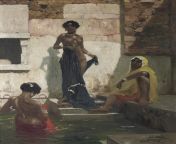 Indian women depicted bathing in a 20th-century painting. By John Gleich. from indian women playing holi in full body open sexy full hd photos downloa