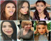 Victoria Justice, Elizabeth Gillies, Ariana Grande, Miranda Cosgrove, Jennette Mccurdy, Kira Kosarin: 1) Pick (1 ) for sloppy face fuck, 2) pick (1) for sticky face &amp; tongue glazing, 3) pick (2) for sensual BJ &amp; pampering , and 4) pick (1) for bre from cosgrove