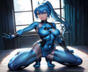 blue eyes, ((blue superhero costume)), ((spandex)), (tight clothes), ((boob window)), breasts, large breasts, busty, sexy, (light blue hair), (short), (long ponytail), full body, fishnets, fishnet, makeup, thighs, from tight blause boob indian