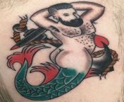 NSFW Merman, male pin up tattoo by Nick Bergin at Godspeed Tattoo in San Mateo, CA from bww tattoo