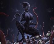xenomorph with huge boobs, boobs so big they would cause serious back pain to someone in real life, and they would most likely get a breast reduction from married women real life breast milk