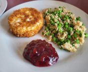 Getting rid of leftovers: panko-breaded goat&#39;s milk camembert with peas and egg fried rice and lingonberry jam. from mad peas