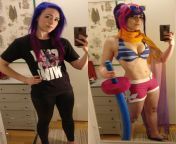 [Self] I just had to share a before and after pic of my Pool Party Fiora! This is what I love with cosplay - the transformation from meenfox cosplay