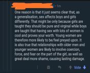 This was underneath a comment I made saying that teenage boys were raped by a woman. I said if the genders were reversed people would be mad. But apparently rape is different for boys and girls from teeny sexual for boys and girls