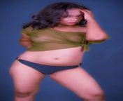 Moumita Choudhary navel in olive green off-shoulder transparent top tied up and black panty from moumita chatterjee