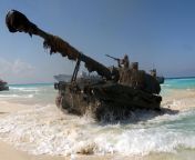 A Spanish Naval Marines M109A2 comes ashore at El Omayed, Egypt as US, Spanish, and Egyptian forces conduct amphibious training operations, during Exercise Bright Star 01. 20 October, 2001 from anteel el mahalla egypt sixesh dhaka rajbari se