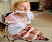 Cathy Slut Granny Bound and Gagged Helpless Bondage Slut Arms and Legs Tightly Rope Bound in Shiny Satin Corset and Shiny Stockings Completely Tied Up with No Escape from bound and ruined