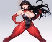 ((red superhero costume)), ((spandex suit)), (tight clothes), ((cleavage)), black hair, long hair, brown eyes, busty, thick, mature, full body, exposed shoulders, exposed thighs from mature paki bhabhi exposed naked figure