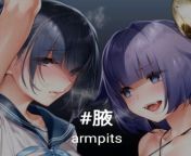 LF Color Source: &#34;Armpits&#34; 2girls, arm up, black hair, blue eyes, blunt bangs, blush, breath, close-up, face, fangs, foreign text, halterneck, horns, looking at another, looking at viewer, neck ribbon, open mouth, purple hair, sailor collar, schoo from susu close up