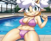 Lanolin the sheep, nsfw, bikini, covered_nipples, cameltoe, climbing_out_of_pool, Indoor_pool, water_splash, smiling_at_viewer from actoress nipples cameltoe