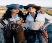 Salma Hayek and Penelope Cruz in fantasy western outfits with colt single actions! What more could you want in a threesome! from salma hayek in bikini hot seducing