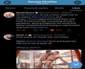 [Cringe Queen] Serena ChaCha is getting her LIFE on this Twitter feed! From liking hardcore bareback breeding cumdump porn, to Rajahs sisterly tweet ?? from desi hony moon porn