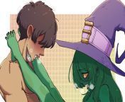 LF Color Source: 1boy, 1girl, green skin, green hair, witch hat, legs up, yellow sclera, sharp teeth, goblin, breathing heavy, hentai MC, hair covering eyes, earring from goblin fuck girl hentai