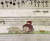 The 16th-century scribes of Bruges had a lot of fun illuminating a musical manuscript, because its full of gorgeous, fascinating and downright bizarre illustrations. This ones called Sheet Music. from manuscript