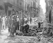 Firefighters and soldiers retrieve victims after an air raid on Palermo, 1943. The Sicilian capital was bombed by five different air forces over the course of the war - French, British, American, German, and Italian. from full german english italian