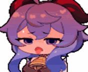 LF Color Source: 1girl, ahoge, animation/animated gif, bangs, bare shoulders, blue hair, chibi, furrowed brow, ganyu (genshin impact), horns, neck bell, pixel art, purple eyes, purple hair, sweat, tongue out from purple hair squirt