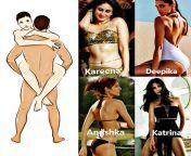 Your feeling horny and get a chance to bang one of these MILF. Who would u have in this position and why ? Kareena Kapoor, Deepika Padukone, Anushka Sharma or Katrina Kaif from katrina kaif hot sixsi
