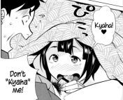 LF Mono Source: &#34;Kyaha!&#34; &#34;Don&#39;t kyaha me!&#34; 1boy, 1girl, black hair, blush, fellatio/blowjob, open mouth, short hair, surprised/shocked, under kotatsu, under table from under table time