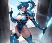 blue eyes, ((blue superhero costume)), ((spandex)), (tight clothes), ((boob window)), ((cleavage), breasts, large breasts, busty, sexy, (light blue hair), (short), (long ponytail), full body, fishnets, fishnet, makeup, thighs, ((exposed shoulders)), ((exp from xxx sexy hindi blue
