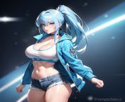 blue eyes, breasts, earrings, large breasts, busty, midriff, sexy, (light blue hair), (short), (long ponytail), ((light blue jacket)), white crop top, jeans, full body, fishnets, fishnet, makeup, thighs, ((taking off pants)) from hentai vaginal sleeping nude cheating uterus straight shota large breasts ahegao ass shota open mouth sex barefoot bed breastless