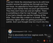 Western women are loose because lots of sex, Asian women are tight because no sex. from sex asian d