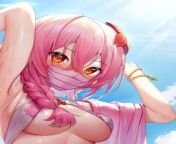 LF Color Source: 1girl, armpit, arms up, bikini, blue sky, bracelet, braided ponytail, clouds, crossed bangs, hair between eyes, hair flower, heart-shaped pupils, light rays, long hair, looking at viewer, medium breasts, mouth mask, orange eyes, outdoors, from wet long hair