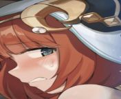 LF Color Source: 1girl, aqua eyes, blue eyes, blunt bangs, blush, clenched teeth, close-up, face, fake horns, green eyes, headdress, headgear, looking at viewer, looking back, looking to the side, nilou (genshin impact), red hair, single bare shoulder, sw from fake face