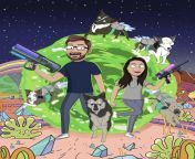 My partner since 2009 passed away 7 days before our birthday (jan 13 - born same day). He loved Rick &amp; Morty. Got this illustration of us &amp; our 5 dogs from Lulu Cartoons. Wish he could see it. ?? from fir jan our