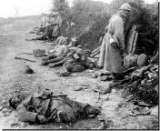Dead French soldiers at the Battle of Verdun; 21 Feb to 18 Dec 1916, the longest battle of WWI. The German strategy was to drain French manpower in significantly greater proportion vs. Germans loses; to bleed France white. Combined French and German cas from indian 12 to 18 yea
