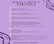 Here is my long-awaited menu! My payment methods are in the comments. I would also like to add Im also doing meet ups (FS &amp; FBSM services) in Cape Town, South Africa - I will put the rates and more info for that in the comments too. from zulu dance south africa long videos