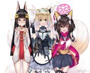 The three little foxes of Yostar (Nagato from Azur Lane, Suzuran from Arknights, and Izuna from Blue Archive) from kaanojo kanojo himenohara suzuran