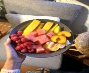 Fruit bowl w/ mango, plum, mandarin, watermelon and raspberries. The last of my mango (mango season is over). :( from mango tvc