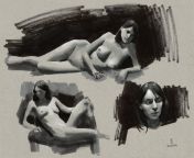 Live model sketches done with brush pen and marker on toned paper from live model indian