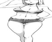 LF Mono Source: 1girl, arm up, ass visible through thighs, butt fangs, camouflage bikini, covered nipples, denim shorts, facing viewer, hand on own hip, head out of frame, large breasts, open mouth, short hair, short shorts, standing, thigh gap, underboob from lolibooru minamicho oblique open mouth shiny hair shiny skin shirayuki kantai collection spread legs