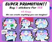 [For hire] SUPER PROMOTION AVALIABLE!!! get 5 customizable stickers for your sona + 1 free, for all genders and species!! reply this post if you are interested, every idea is welcome! from aste chudo sona banglal free