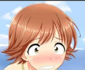 LF Color Source: 1girl, blue sky, brown hair, clenched teeth, close-up, clouds, face, green eyes, honda mio/mio honda, idolmaster cinderella girls, looking at viewer, necklace, nose blush, outdoors, short hair, swept bangs, wide-eyed, yellow bikini, yello from honda com