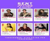 Rent-A-Celeb. Our premium service is now available in your city. Send us your order! You&#39;ve got 50K to spend; Disha Vakani, Smita Bansal, Gulki Joshi, Ansha Sayed, Sneha Wagh, Sonia Sharma from sneha wagh fucking