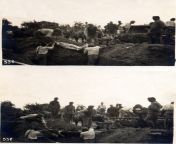 Single postcard depicting 2 scenes. Austrian soldiers burying battlefield casualties in a mass grave. Date unknown. from austrian gir