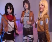 Historia, Mikasa and Sasha from Attack on Titan by Sonya Vibe, Zirael Rem and Cherry Acid from tits job and cumshoot from dildo on boobs by milf shione cooper