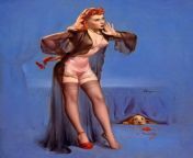 Gil Elvgren - &#34;Doggone&#34; - 1946 American Beauties Calendar Illustration from Brown &amp; Bigelow Calendar Co. - Something fun from Elvgren that displays his early work with sheer gowns. from 金牛娱乐平台成→→1946 cc←←金牛娱乐平台成 zayg