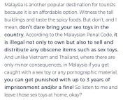 Need advise on flying to Malaysia with adult toys from malaysia smk school