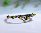 Art Deco Black Gold Citrine Wedding Ring Unique Marquise Citrine Peridot Stackable Matching Band Handmade Proposal Gifts for Women from black gold