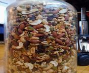Protip: save a ton of money on trail mix by buying each ingredient in bulk, and mixing your own in a large jar or cereal container. Adding raisins makes it absolutely delicious with no added sugar needed from super mix by roseredrus
