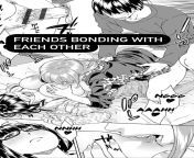 LF Mono Source: &#34;Friends bonding with each other&#34; &#34;Nggg aaahh nnhh&#34; 1boy, 2girls, black hair, bottomless, boy and girl sandwich, breast sucking, clothed sex, doggystyle, ffm threesome, full page, glasses, large breasts, leopard print, ligh from mimi sex son or girl full