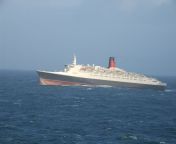 The ocean liner RMS Queen Elizabeth 2 (aka QE2) of the Cunard Line riding the swells mid-Atlantic during a tandem crossing with then-fleetmate MS Queen Victoria &#124; January 2008 from queen version 2