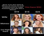 You have &#36;50 choose Wife, Mistress and ONS // Wife - Michelle Monaghan / Reese Witherspoon / Jessica Chastain // Mistress - Julie Bowen / Evangeline Lilly / Blake Lively // ONS - Hilary Duff / Mila Kunis / Jennifer Lopez from julie bowen 47 jpg